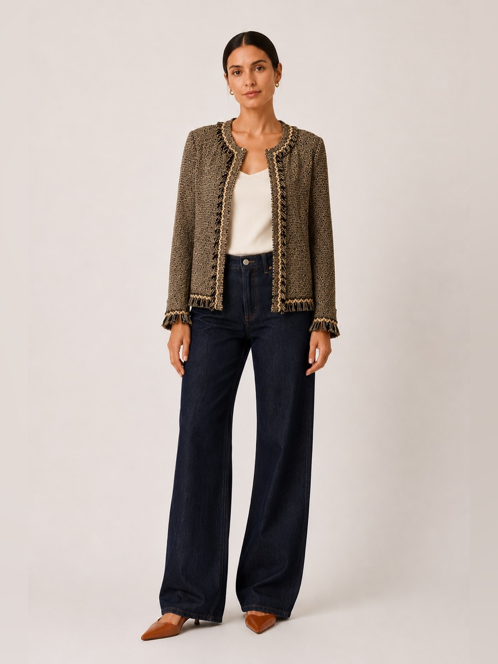 St. John Collection Tweed Fringe Trim Jacket in Olive and Gold